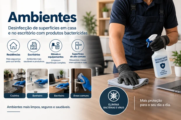 Profissional da Clean10 desinfetando uma mesa de escritório com pano e borrifador bactericida