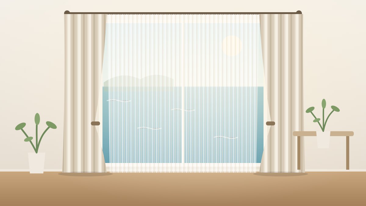 Cortinas claras diante de uma janela com vista para o mar em um apartamento no litoral