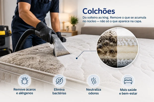 Profissional da Clean10 higienizando um colchão com extratora, com a sujeira saindo do tecido