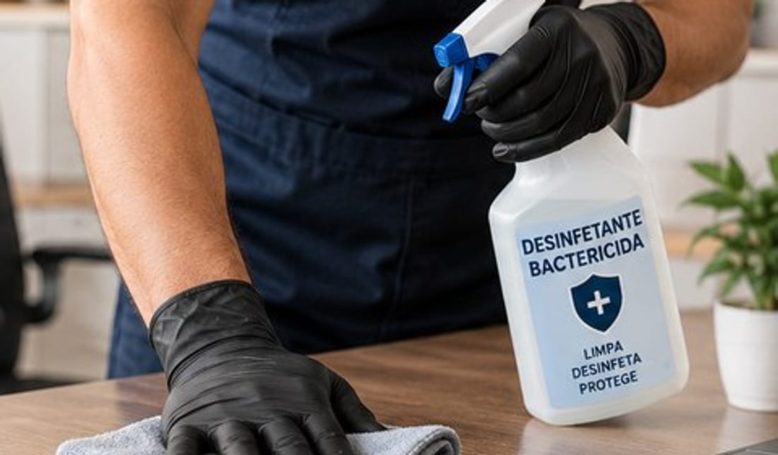 Mão com luva passando pano sobre tampo de mesa de madeira, ao lado de um borrifador de desinfetante bactericida