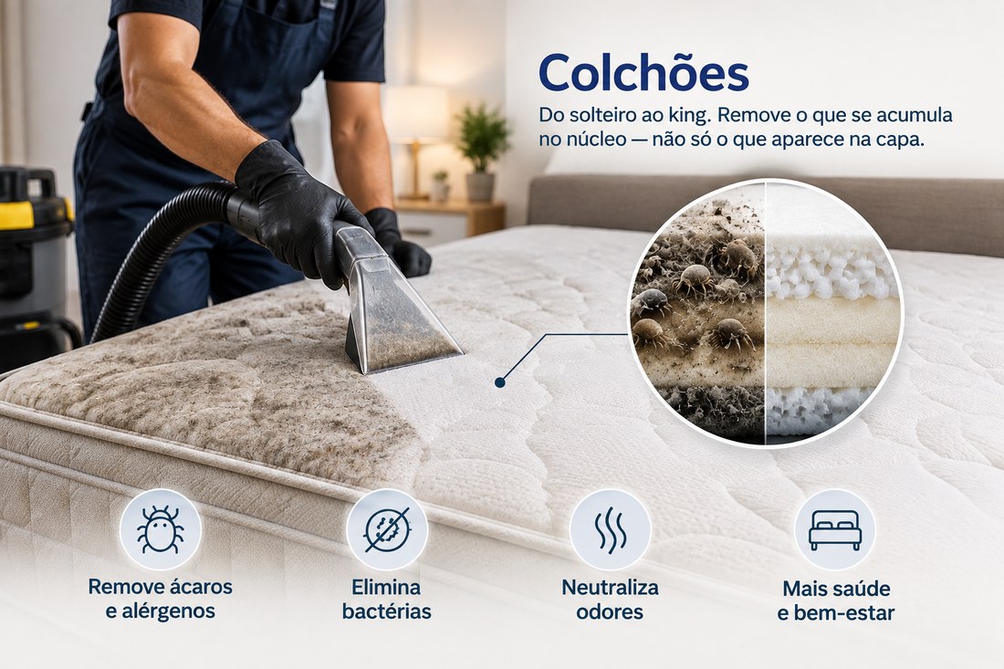 Higienização de colchão: técnico usando extratora, metade do colchão ainda encardida e metade limpa. A peça destaca remoção de ácaros e alérgenos, eliminação de bactérias, neutralização de odores e mais saúde no sono, com um detalhe ampliado comparando fibra com ácaros e fibra limpa.