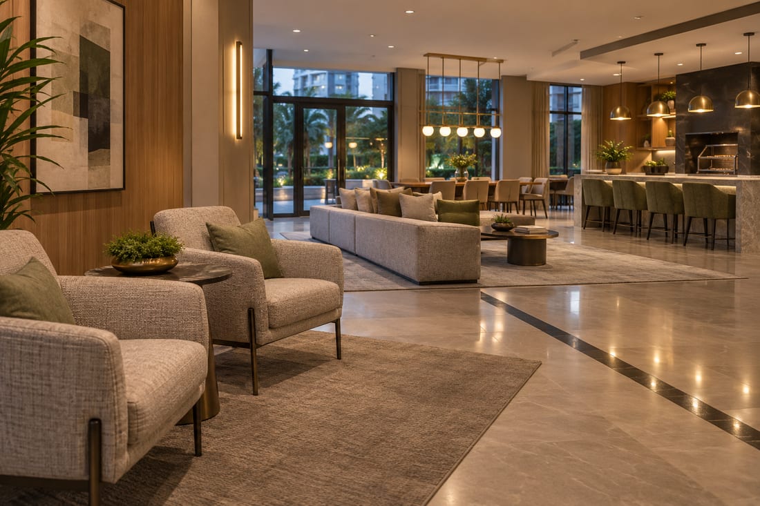 Área comum de condomínio vazia ao anoitecer: poltronas estofadas sobre tapete em primeiro plano, sofá de salão e mesa de jantar ao centro, e à direita o espaço gourmet com bancada e banquetas estofadas