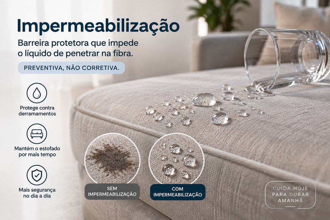 Impermeabilização de estofado: gotas de água escorregando sobre o tecido bege sem penetrar, com um copo tombado ao lado. Dois detalhes ampliados comparam tecido sem impermeabilização, onde a mancha se espalha, e com impermeabilização, onde o líquido fica em gotas na superfície.