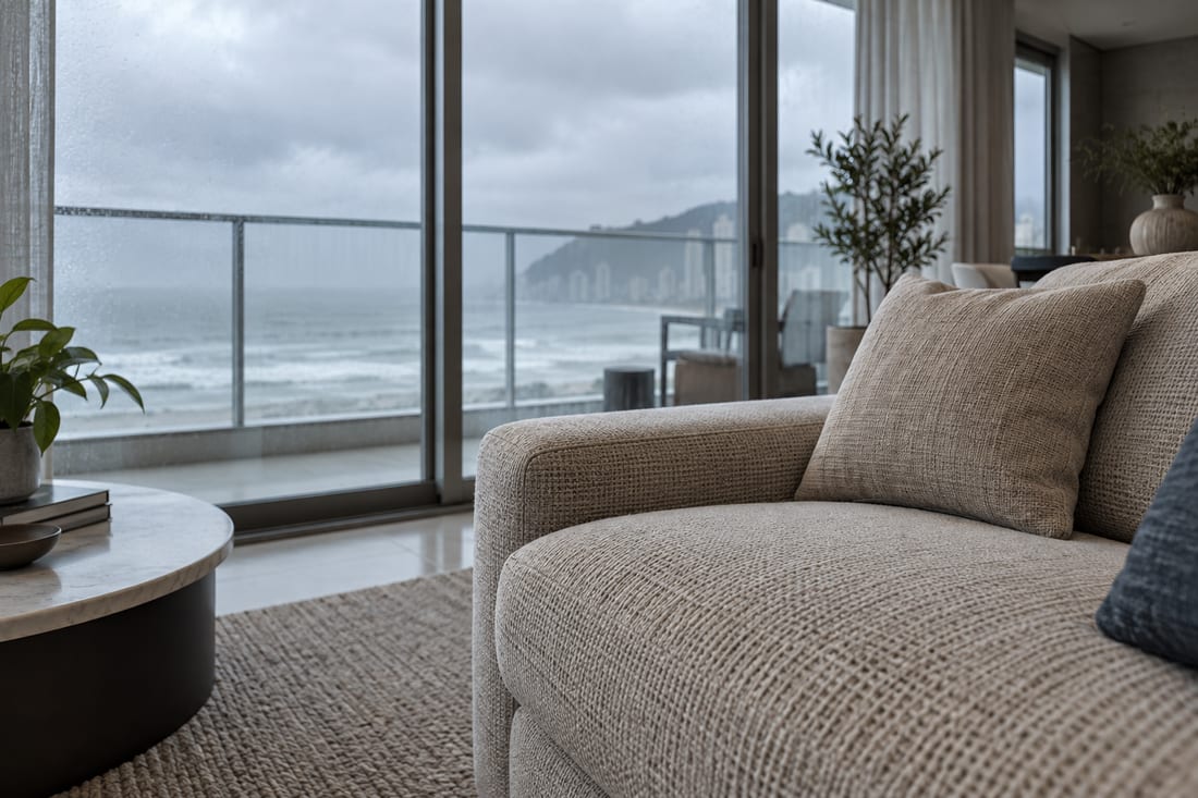 sala de apartamento de frente para o mar em dia encoberto, sofá de tecido trançado bege e vidro molhado