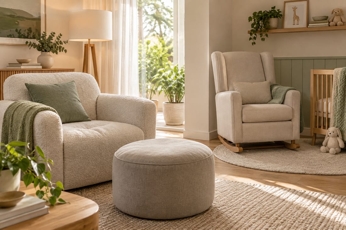 Sala clara com poltrona de tecido bouclé e manta verde, puff redondo ao centro sobre tapete de fibra natural, e ao fundo uma cadeira de amamentação de balanço ao lado de um berço