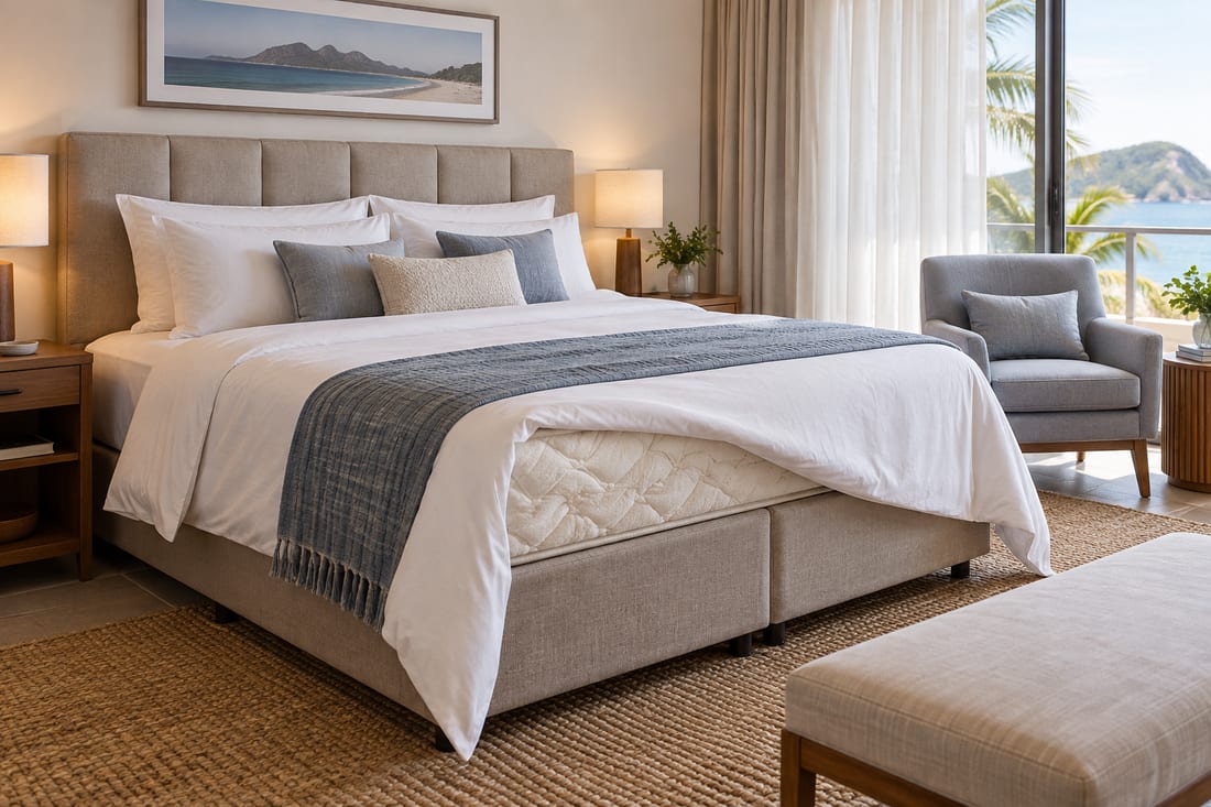 Quarto de pousada com vista para o mar: cama de casal com cabeceira estofada acolchoada e a roupa de cama dobrada para trás, revelando o colchão e a base box; ao lado da janela, uma poltrona cinza e, ao pé da cama, uma banqueta estofada