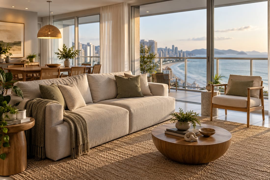 Sala de apartamento litorâneo com sofá claro, manta e almofadas, poltrona de madeira ao lado da janela, tapete de fibra natural e mesa de centro redonda; ao fundo, sacada envidraçada com vista para a praia e a orla verticalizada ao entardecer