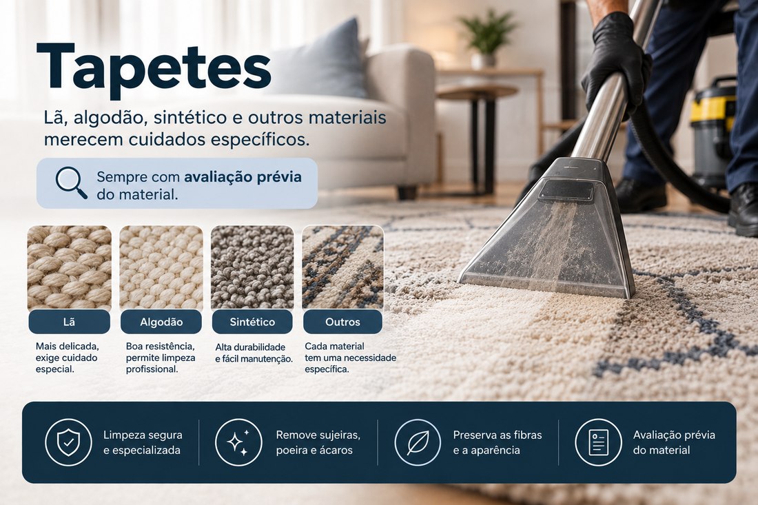 Limpeza de tapete: técnico passando extratora sobre um tapete claro de sala. Quatro amostras ampliadas comparam fibras de lã, algodão, sintético e outros materiais, cada uma com o cuidado que exige, e a peça reforça avaliação prévia do material, remoção de poeira e ácaros e preservação das fibras.