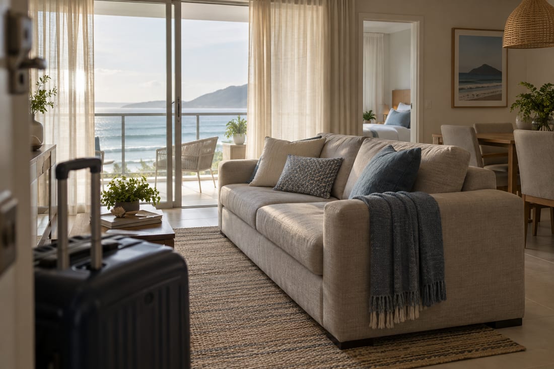 Sala de apartamento de praia vista da porta de entrada, com uma mala de viagem em primeiro plano, sofá claro com manta e almofadas sobre tapete de fibra natural, sacada envidraçada com vista para o mar e, ao fundo pela porta, o quarto com cama arrumada